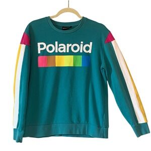 Polaroid Teal Crewneck Sweatshirt Rainbow Color Block Stripe Women's Medium